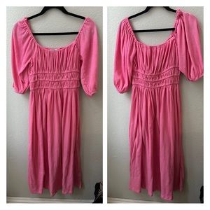 THEO & SPENCE bubblegum pink shirred top 3/4 sleeve maxi dress womens M